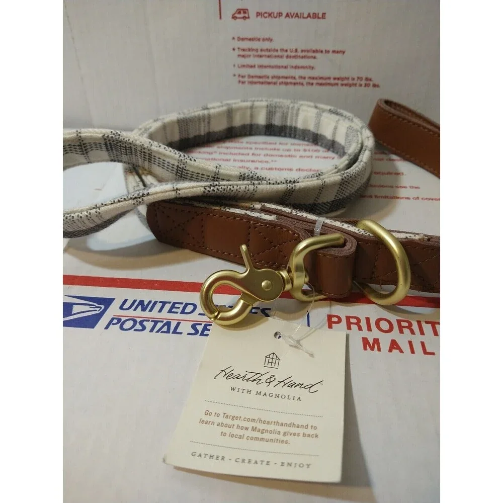 Hearth & Hand with Magnolia-Gray Plaid Dog Leash Brand New
